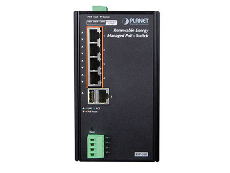 Planet (BSP-360) - IP30 Industrial Renewable Energy 4-Port 10/100/1000T 802.3at PoE+ Managed Ethernet Switch. (-10 to 60 degree C, 4-Port Gigabit 802.3at PoE+ injector + 1-Port Gigabit Ethernet; 24V/1A DC output, Web managemen