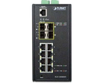 Planet (IGS-12040MT) - IP30 Industrial 8* 1000TP + 4* 100/1000F SFP Full Managed Ethernet Switch (-40 to 75 degree C, 2*DI, 2*DO, 12V-72VDC IN)